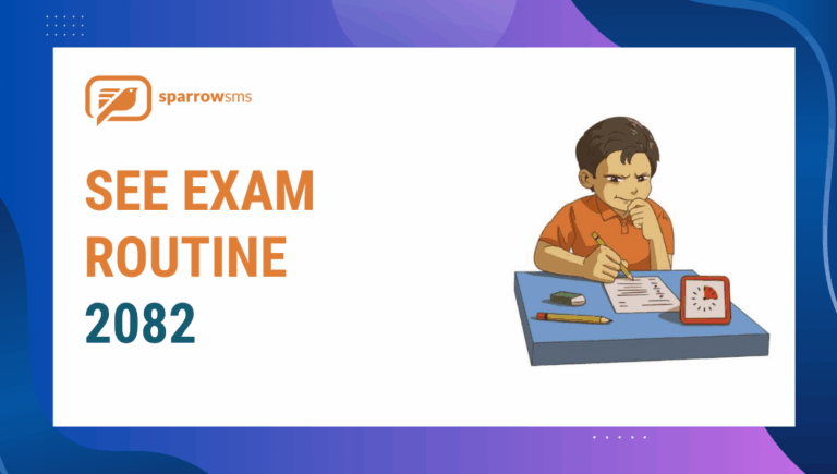 SEE Exam Routine 2082 announcement by Sparrow SMS with an illustration of a student concentrating on an exam at a study desk.