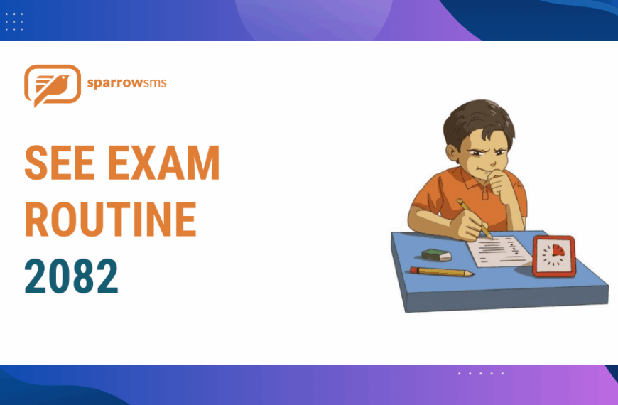 SEE Exam Routine 2082 announcement by Sparrow SMS with an illustration of a student concentrating on an exam at a study desk.