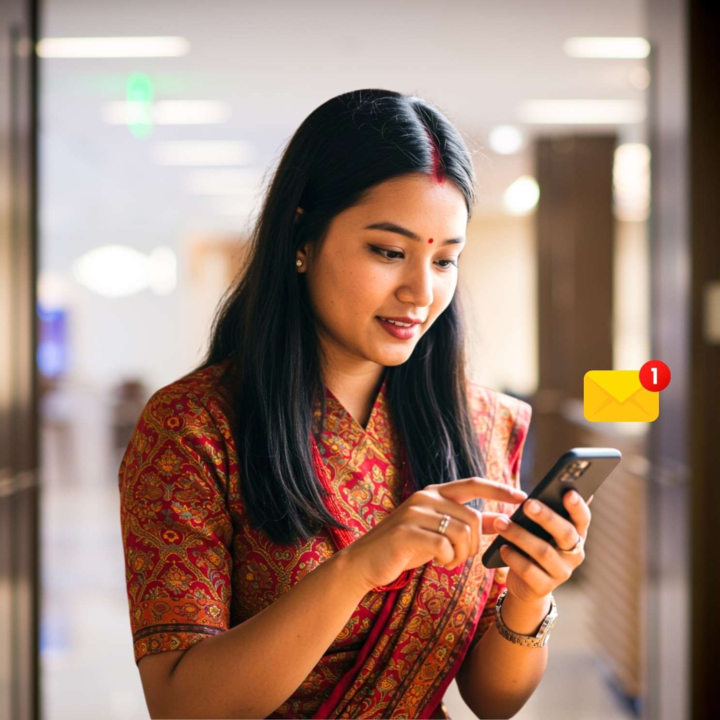 lady holding a phone with a sms notification