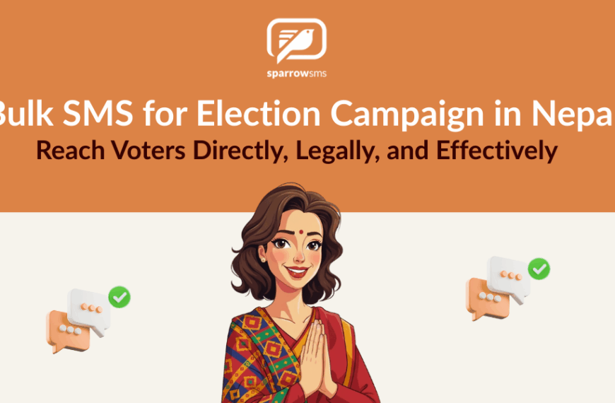 Sparrow SMS promotional graphic featuring a woman in traditional Nepali attire greeting with Namaste. The headline reads 'Bulk SMS for Election Campaign in Nepal: Reach Voters Directly, Legally, and Effectively' against an orange and cream background with chat bubble icons.